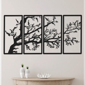 4 Piece Tree Branch Metal Wall Art, Botanical Floral Wall Decor, Nature Inspired Tree Wall Panel, Indoor Outdoor Wall Art, Housewarming Gift