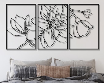 3 Panel Flower Metal Wall Art, Botanical Wall Hanging, Elegant Floral Wall Decor, Modern Nature Inspired Wall Panels, Gift for Flower Lovers