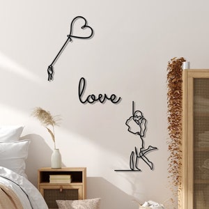 Juego de 3 piezas de arte lineal de metal con pareja minimalista, dibujo de amor en pareja, decoración de pared para dormitorio, regalos de San Valentín y aniversario.