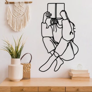 Reading Woman Metal Wall Art, Minimalist Book Lover Wall Decor, Line Art Wall Sculpture, Large Living Room Wall Decor, Gift for Reader