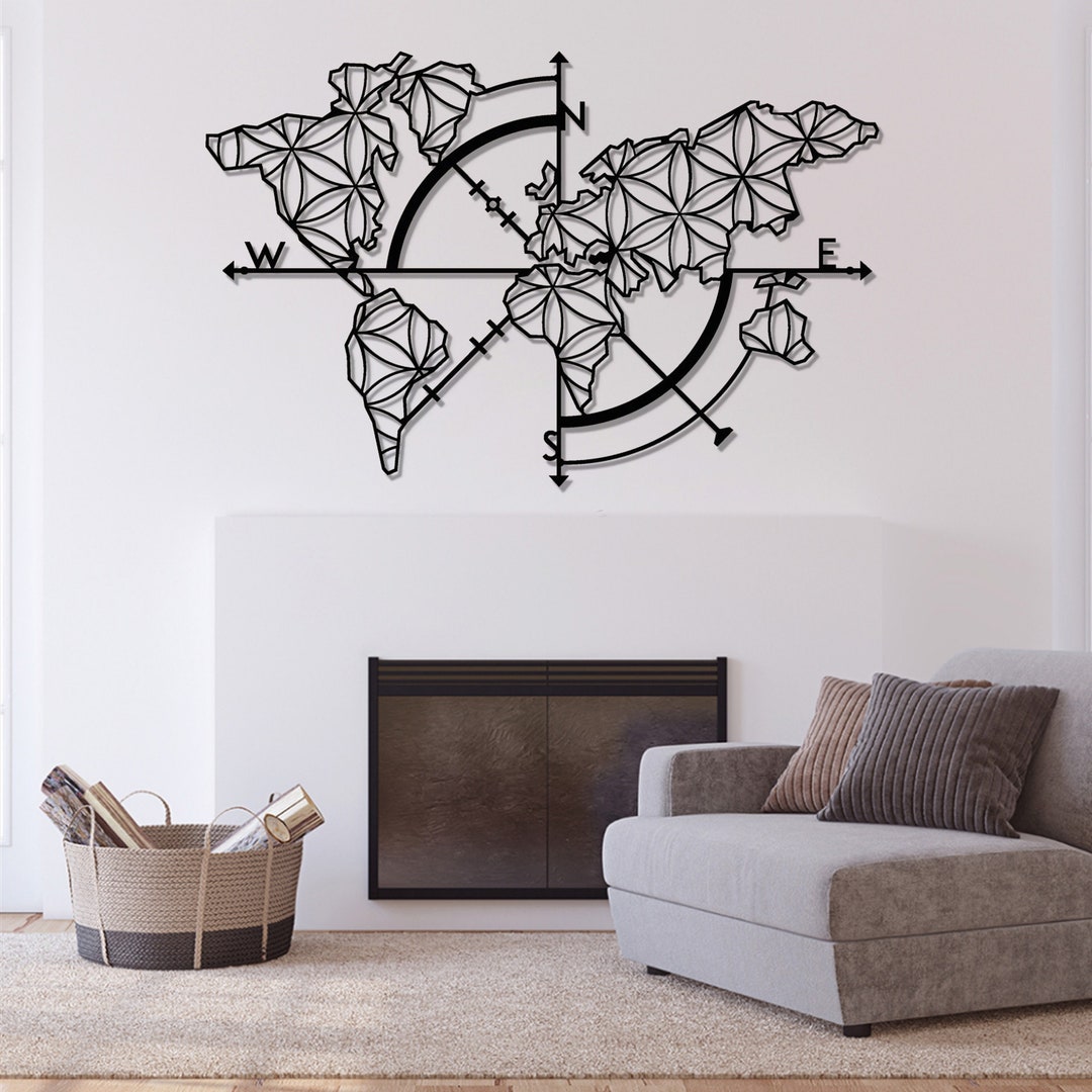 Metal World Map Wall Art, Modern Compass Decor - Etsy