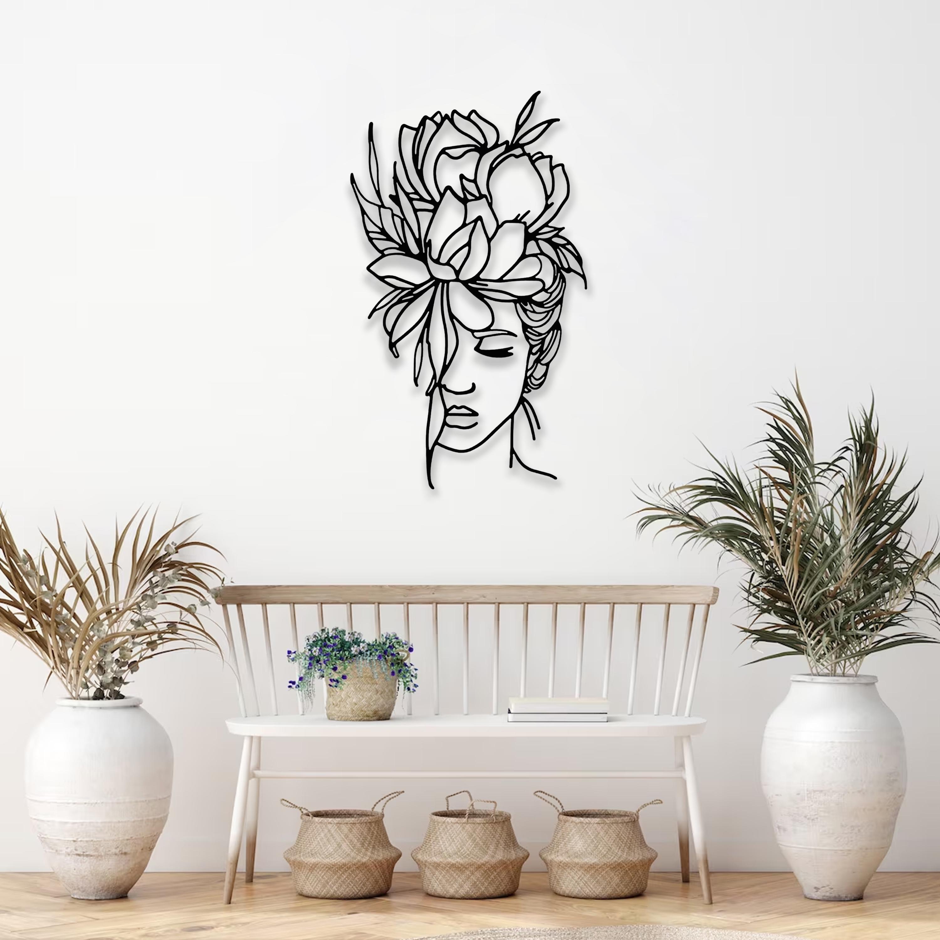 Floral Woman Face Metal Wall Art, Minimalist Line Decor - Etsy