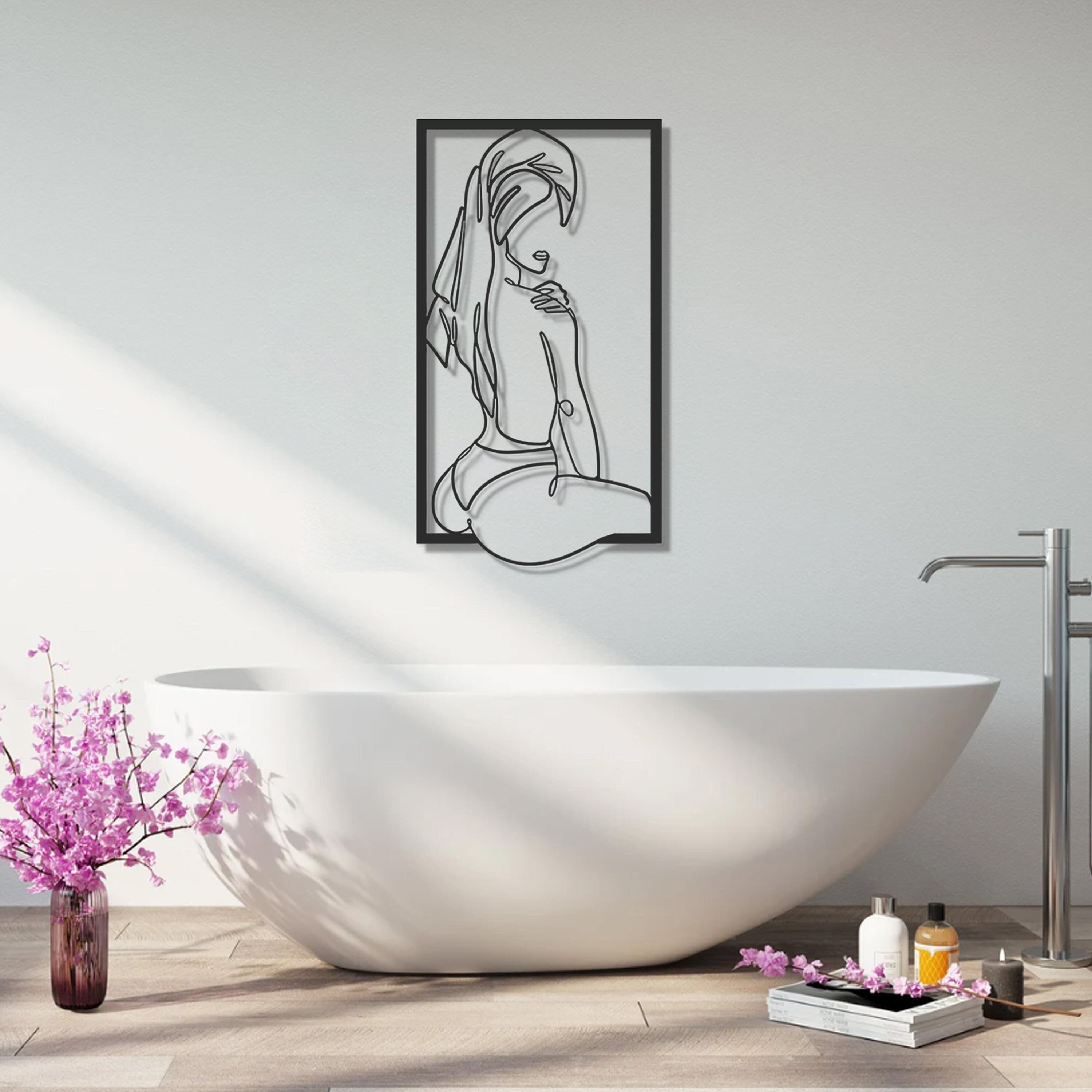 Woman Bathroom Metal Wall Art , Minimalist Female Body Wall Decor , Woman in Towel Line Art , Feminine Wire Art , Bathroom Wall Decor