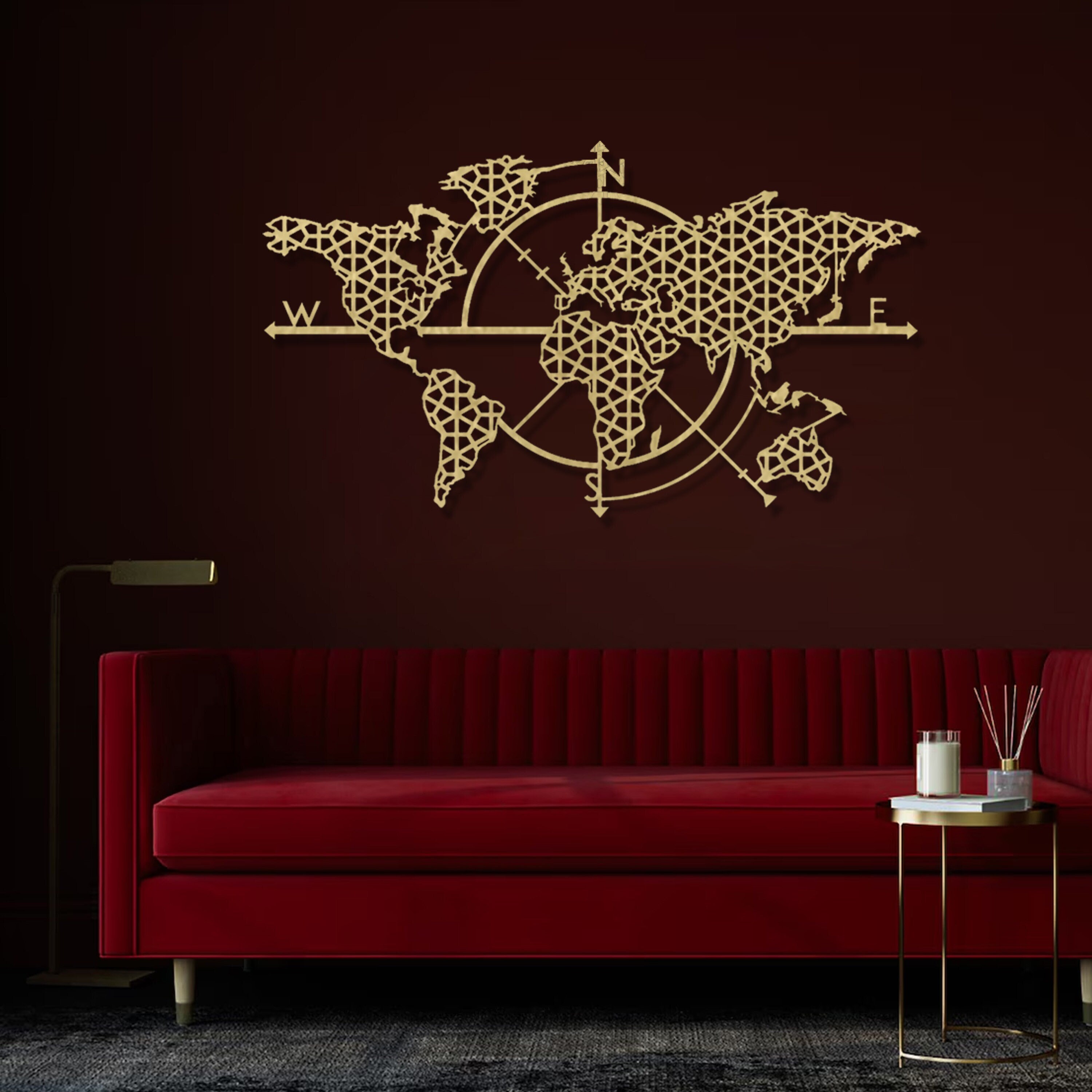 Geometric Metal World Map Wall Art, Compass Design - Etsy