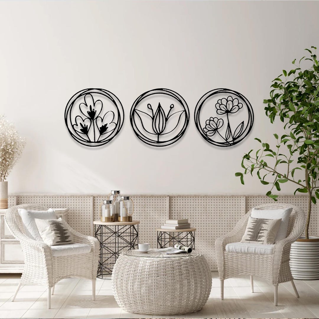 3 Piece Metal Flower Wall Art, Botanical Circle Decor - Etsy