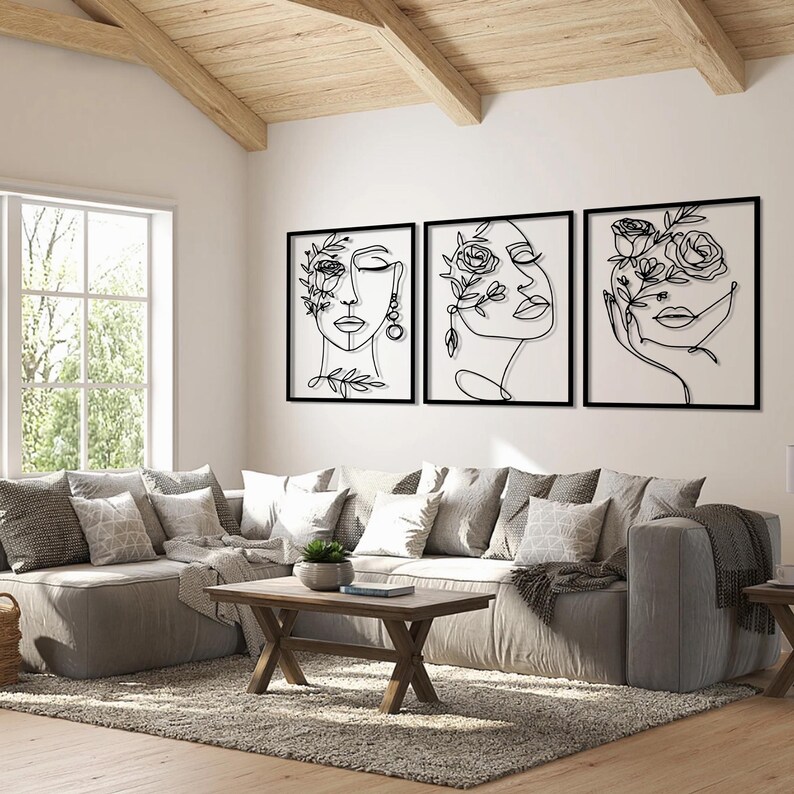 Floral Woman Face Metal Wall Art, Abstract Line Art, 3 Piece Set - Etsy