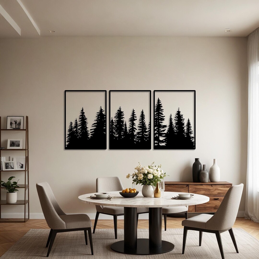 Pine Trees Metal Wall Art Set of 3, Extra Large Tree Decor, Forest Wall ...