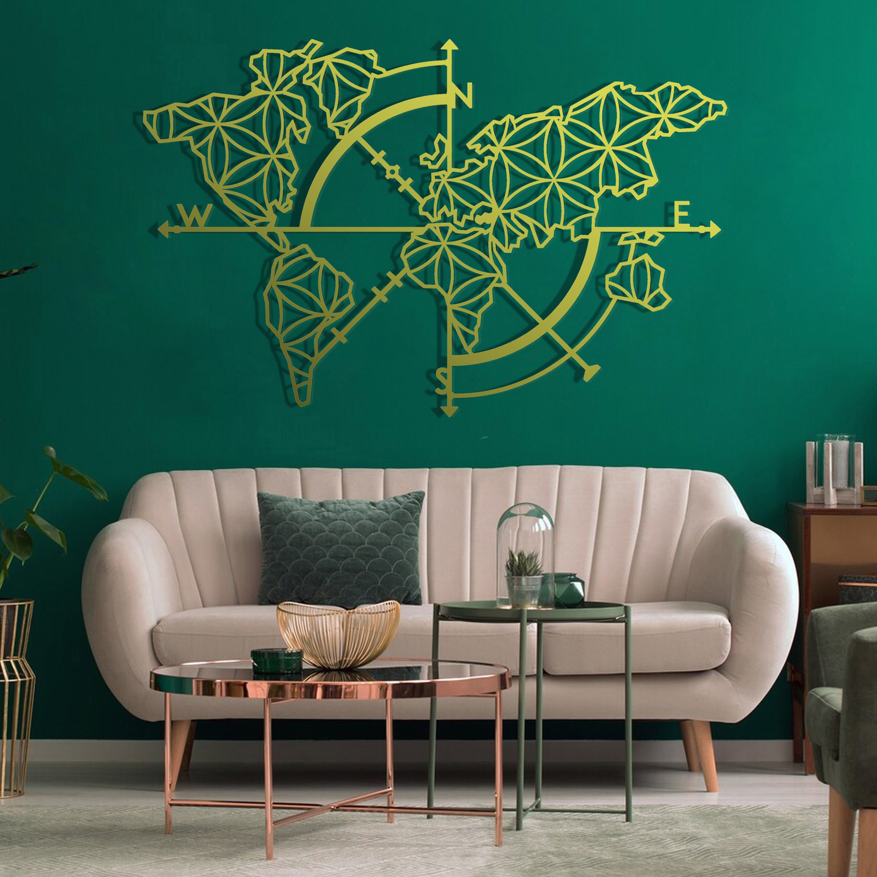 Metal World Map Wall Art, Modern Compass Decor - Etsy