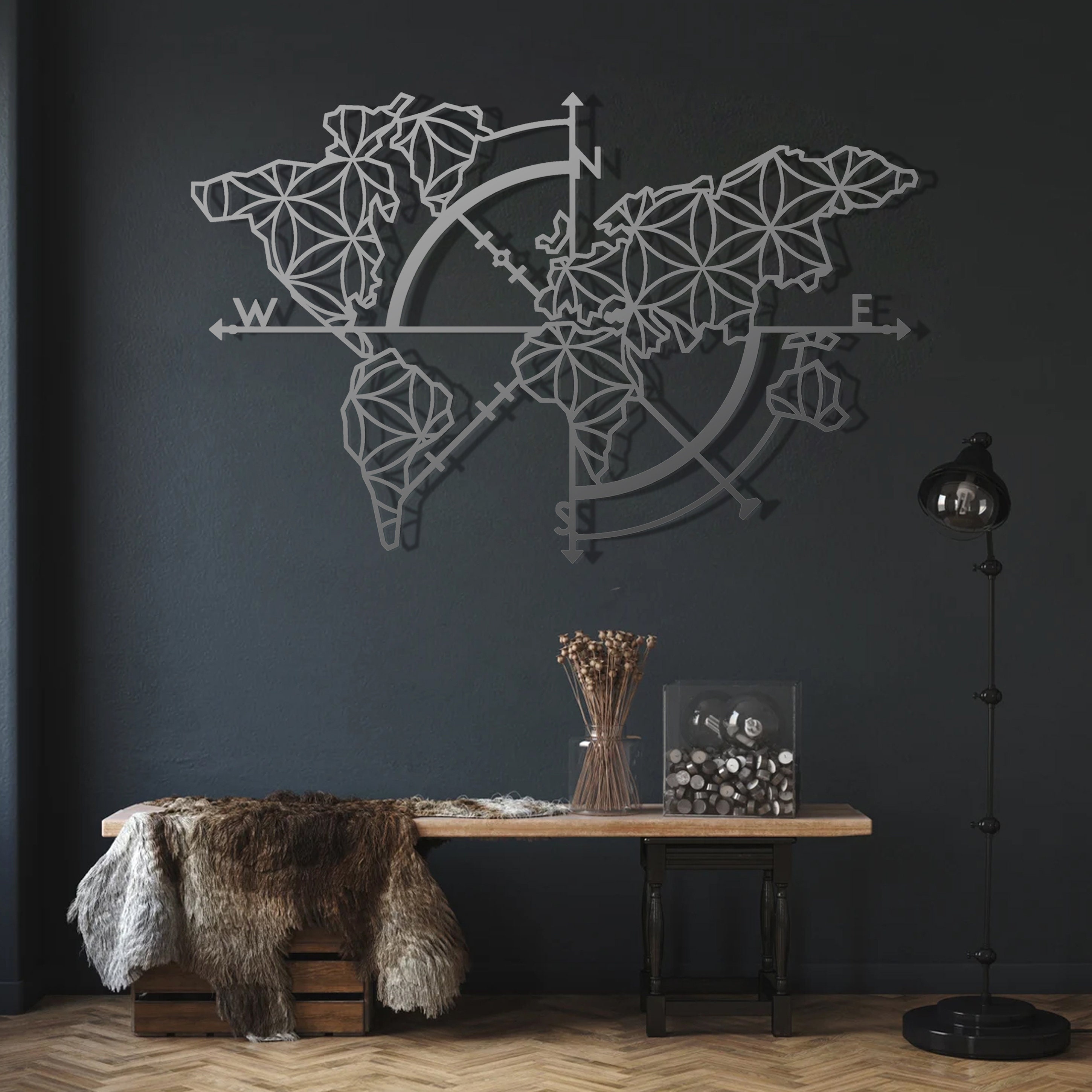 Metal World Map Wall Art, Modern Compass Decor - Etsy