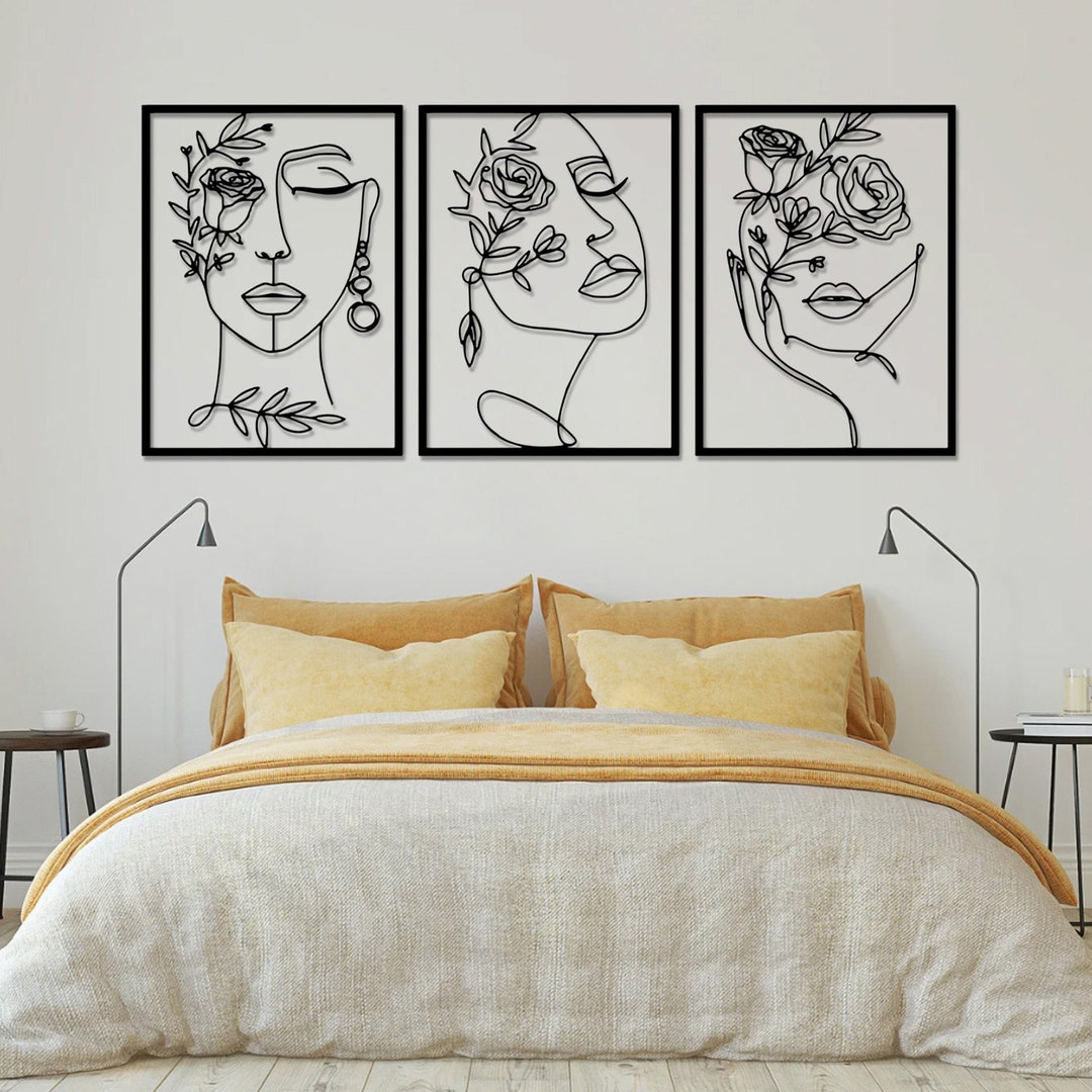 3 Piece Line Art Woman Face Metal Wall Decor, Botanical Sculpture - Etsy