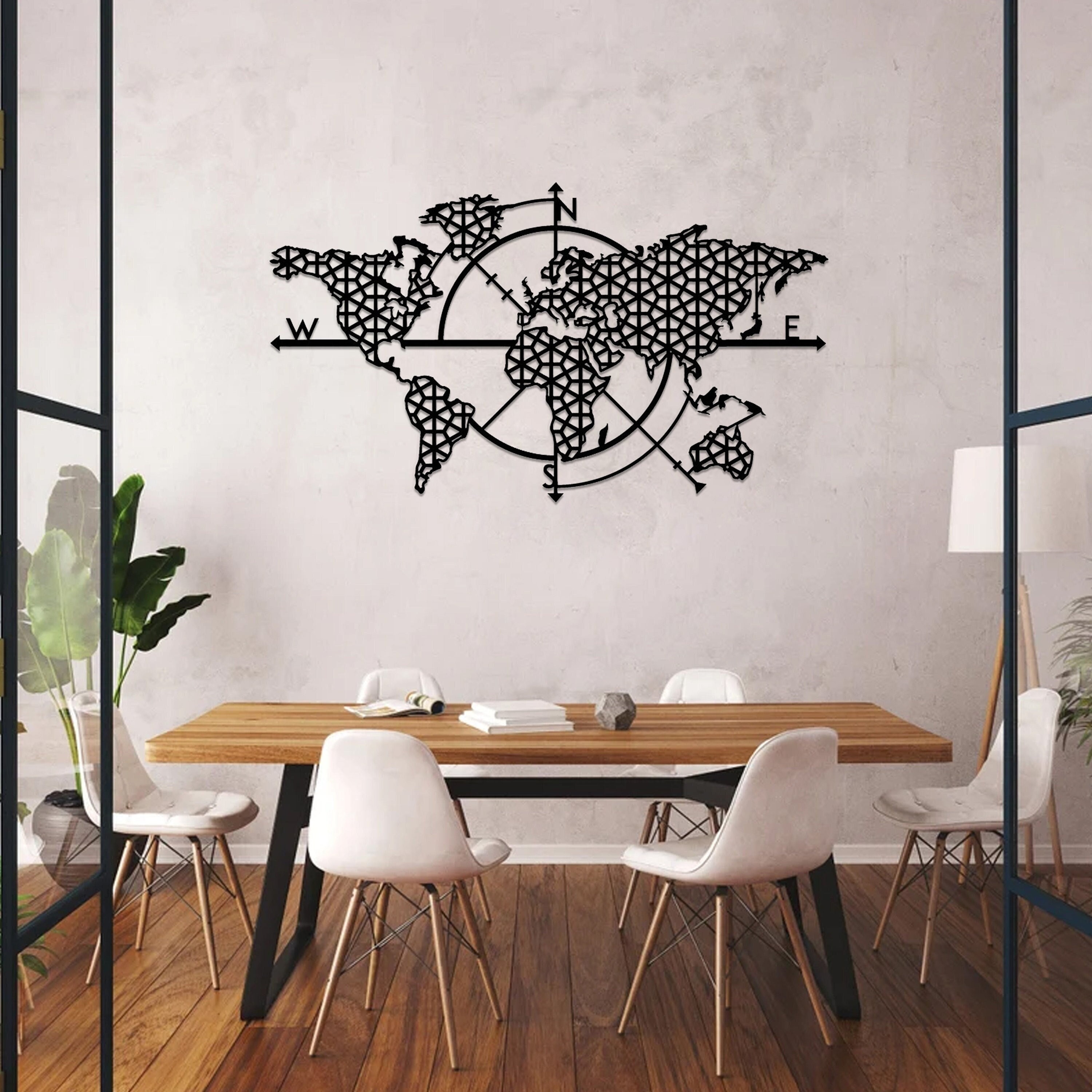 Geometric Metal World Map Wall Art, Compass Design - Etsy