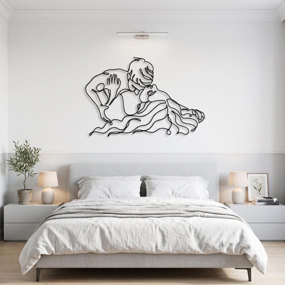 Continuous Line Kissing Couple Metal Sensual Wall Art, Modern Romantic Bedroom Home Decor