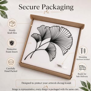 Modern metal wall art arrives in secure packaging with a sturdy kraft box, protective foam insert, and included mounting hardware for safe delivery.