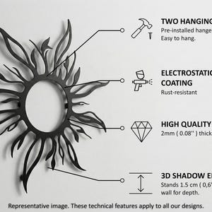 High-quality metal wall art crafted from durable 2mm steel, featuring rust-resistant powder coating, easy hanging, and a 3D shadow effect.