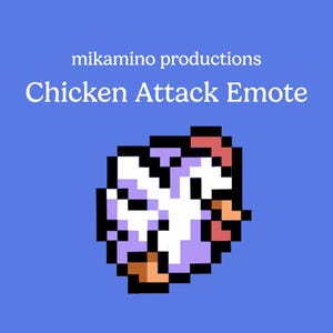 Puede incluir: Un pollo blanco pixelado con una cresta y un pico rojos, sobre un fondo azul. El texto "mikamino productions Chicken Attack Emote" está por encima del pollo.