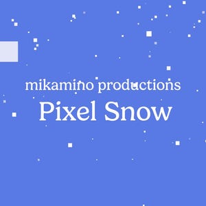 May include: A blue background with white pixelated squares scattered across it, resembling falling snow. The text "mikamiho productions" is above the words "Pixel Snow" in a white, sans-serif font.