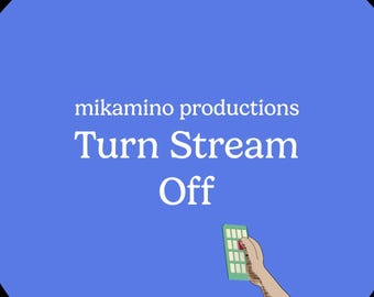 Könnte beinhalten: Blauer kreisförmiger Hintergrund mit dem Text "mikamino productions Turn Stream Off". Eine Hand, die eine grüne Fernbedienung hält, befindet sich in der unteren rechten Ecke.