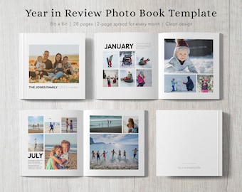 Year in Review Photo Book Template, Photo Album Template, Editable Photo Book, Customizable Square Photobook, Minimalist Family Album, Canva