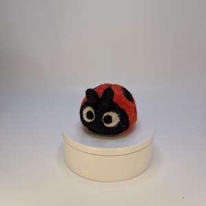 May include: A needle-felted ladybug figurine with a rounded orange body featuring black spots. The head is black with two small antennae and two large, circular eyes with white outer rings and black centers, resting on a white circular base.