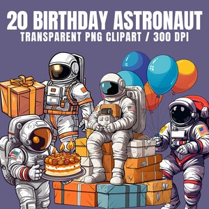 Paquete de imágenes prediseñadas de fiesta de cumpleaños de astronauta, PNG de cumpleaños espacial, ilustraciones de pastel de cumpleaños de astronauta, artesanía de papel, uso comercial