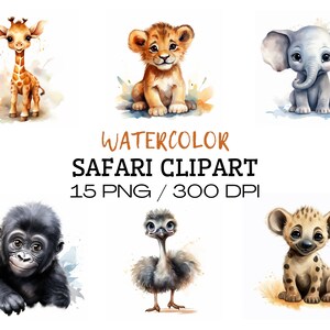 15 Watercolor Safari Baby Animals Clipart PNG, Digital crafting, Paper crafts, Instant download, commercial use