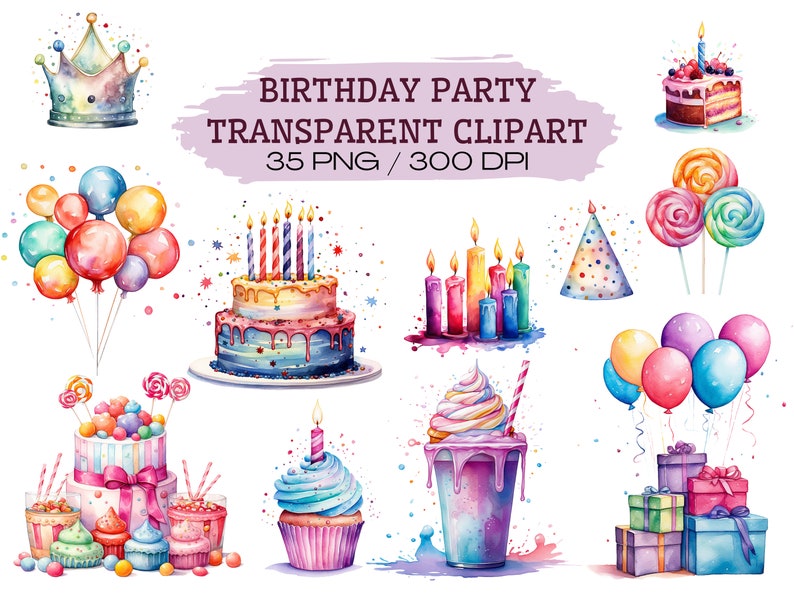 Watercolor Birthday Party Cake Present Balloons Clipart Bundle, 35 ...