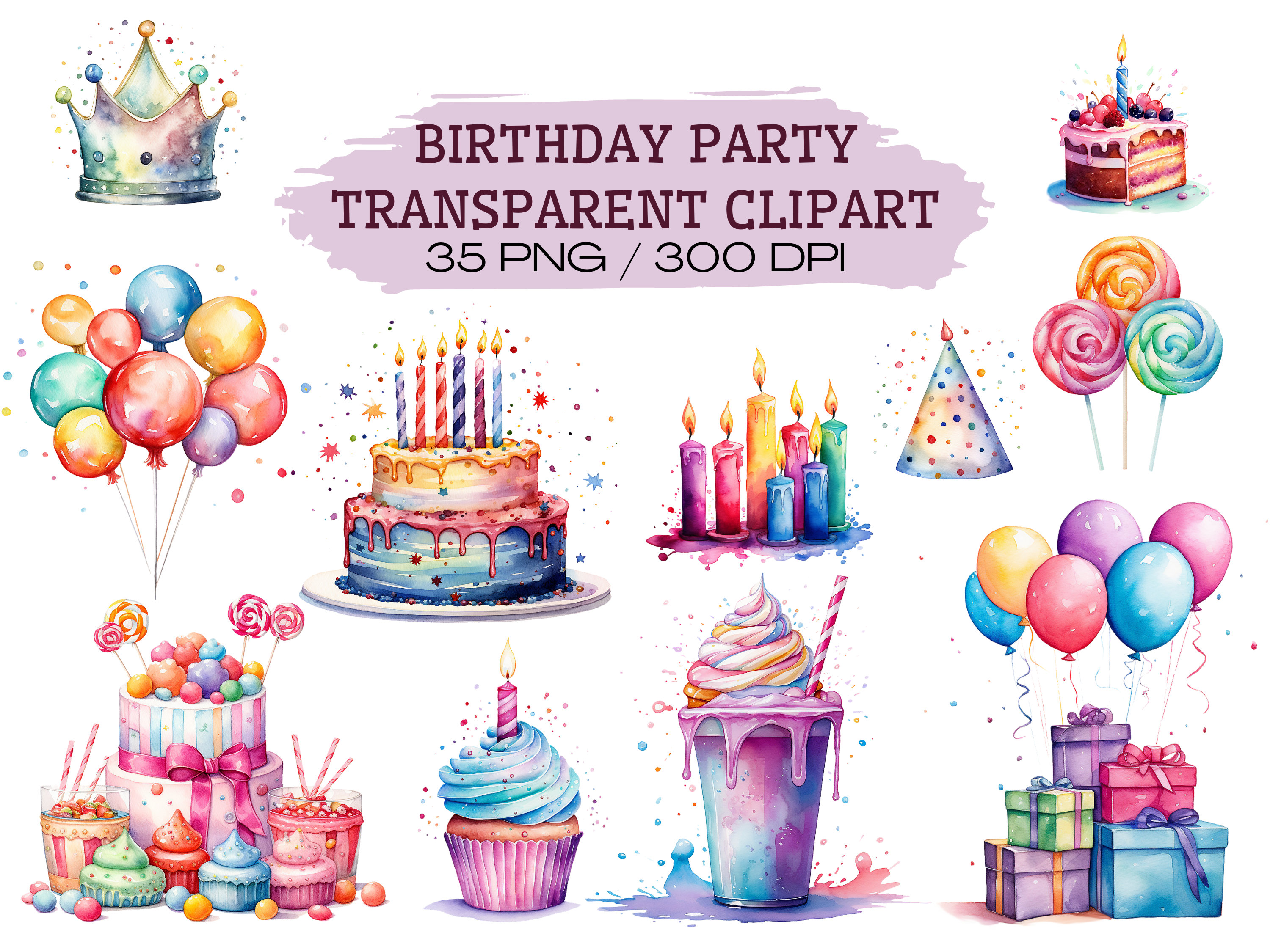 Watercolor Birthday Party Cake Present Balloons Clipart Bundle, 35 ...