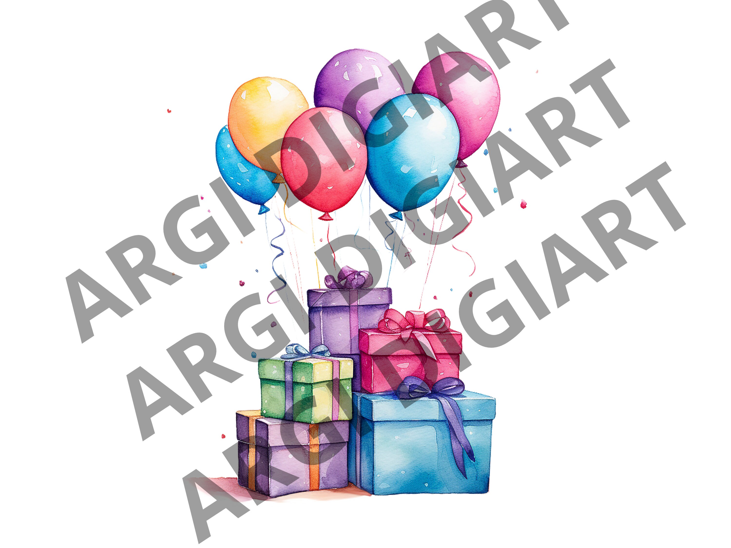 Watercolor Birthday Party Cake Present Balloons Clipart Bundle, 35 ...