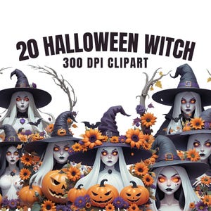20 Halloween Witch Pumpkin Floral Clipart PNG Transparent Background Spooky Witchcraft PNG