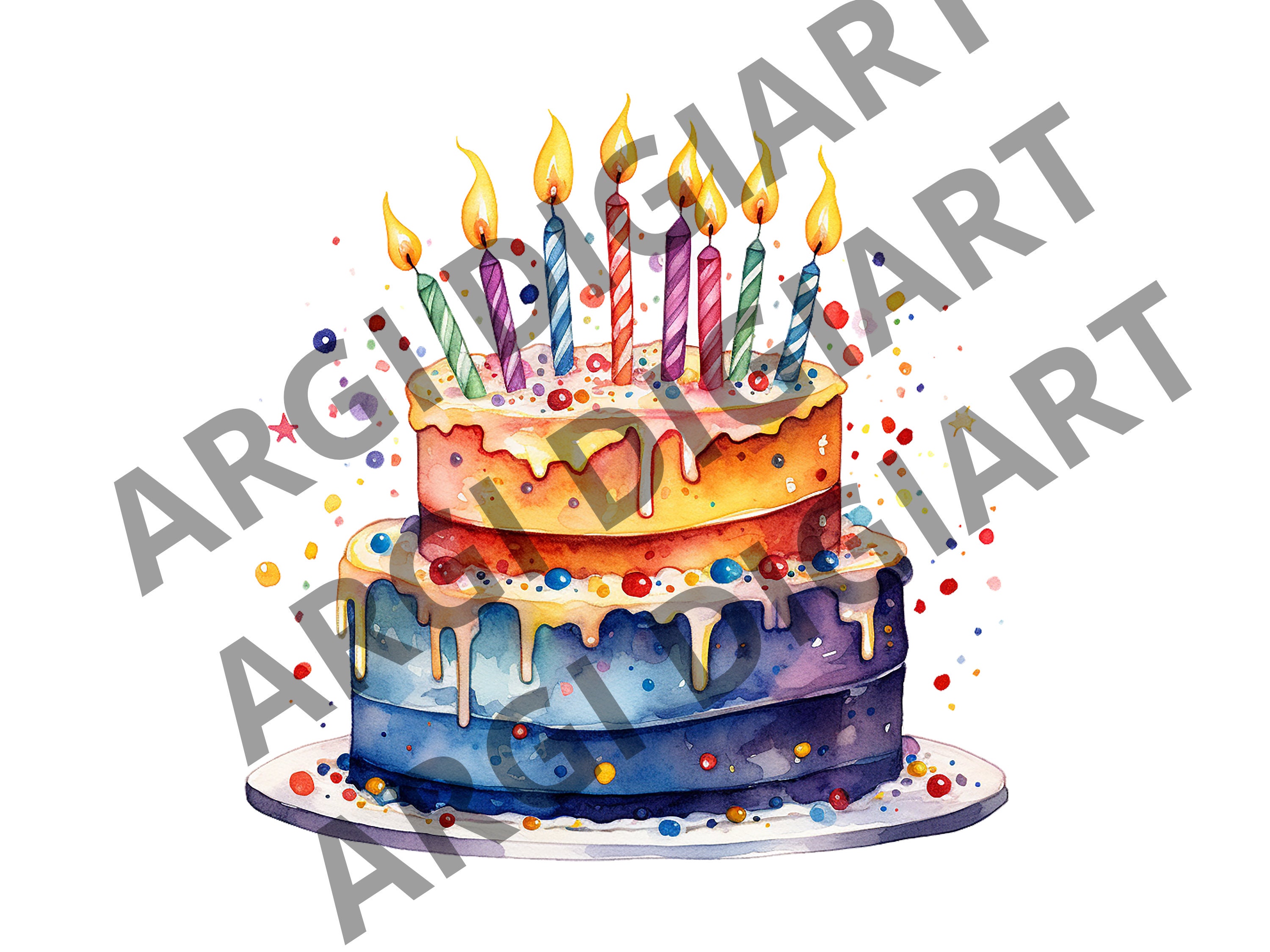 Watercolor Birthday Party Cake Present Balloons Clipart Bundle, 35 ...