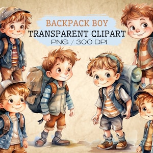 Backpack Boy School Watercolor Clipart, PNG Transparent, Commercial Use, Cute backpack kid, illustration, stickers