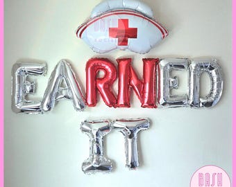 EaRNed It Balloon Set - Congrats Nurse, Nursing Graduation Party, RN Graduation, Nurse Hat Balloon, Medical Napkins, Medical Confetti