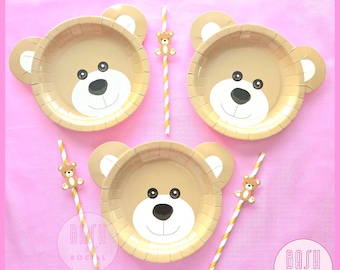Teddy Bear Paper Plates & Straws - Teddy Bear Picnic Party, We Can Bearly Wait, Baby Shower Supplies, Bear Party Supplies, Bear Baby Shower