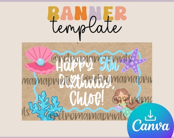 Mermaid Birthday Banner, Girly Painted Banner Template, editable Canva Mockup digital download for banner artists
