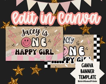 ONE Happy Girl 1st Birthday Banner for Girls, Retro Painted Banner Template, editable Canva Mockup digital download for banner artists