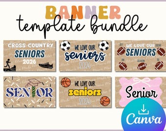 Pode incluir: Um pacote de modelos de banner com o texto "BANNER template bundle". O design inclui vários banners retangulares com as palavras "SENIORS 2026" e gráficos relacionados a esportes. O logotipo do Canva também é visível.