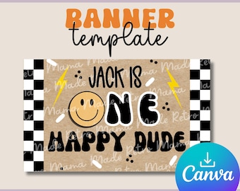 May include: A banner template with the text "BANNER template" in orange and black. The banner reads "JACK IS ONE HAPPY DUDE" with a smiley face. The design includes a checkered pattern and a Canva logo.