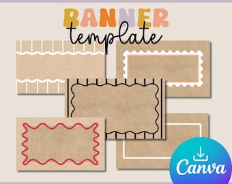 May include: A collection of banner templates with various decorative borders, including wavy lines and scalloped edges. The templates are on a tan background, with the word "BANNER template" in colorful, retro-style lettering. The Canva logo is visible.