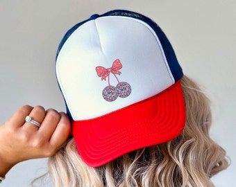 Coquette Patriotic Trucker Hat Trucker Cap, Disco Cherry July 4th Trucher Hat, Retro American Cherry Coquette Hat for Memorial Day