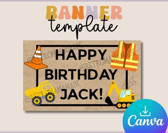 Construction Birthday Banner Template, Construction Trucks Boy Birthday Banner Design for Canva Pro, Digital Download