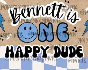 May include: A digital graphic with the text "bennett is ONE HAPPY DUDE". The word "bennett" is in a black script font, "ONE" is in blue bubble letters, and "HAPPY DUDE" is in a black bubble font. Blue lightning bolts and a smiley face are also included.