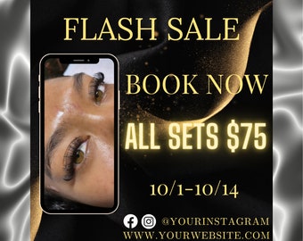 Könnte beinhalten: Schwarze und goldene Grafik mit dem Text "FLASH SALE" und "BOOK NOW". Die Grafik enthält auch den Text "ALL SETS $75" und "10/1-10/14". Die Grafik enthält auch Social-Media-Symbole und eine Website-Adresse.