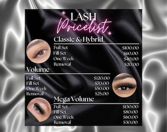 Lash Price List Flyer, Editable Pricing Design Template, Canva Template, DIY Price List Template, Lash Tech Flyer
