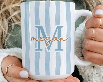 Personalized Striped Ceramic Mug, Custom Name Coffee Cup, Pastel Monogram Gift