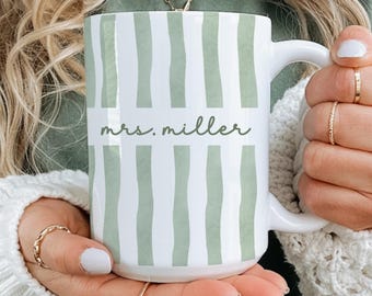 Personalized Mrs. Mug, Green Striped Ceramic Coffee Cup, Bridal Shower Gift
