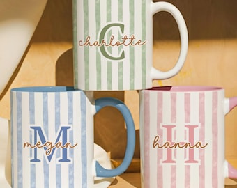 Personalized Striped Mug With Name, Custom Monogram Coffee Cup Gift For Her, Pastel Initial Mug, Bridesmaid Gift, Cute Vintage Mug