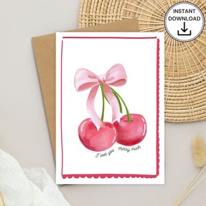 Cherry Greeting Card, Cute Cherry and Bow, Cherry Bow, Coquette Greeting Card, Happy Card, I Love You Card, Foodie card, Birthday Card
