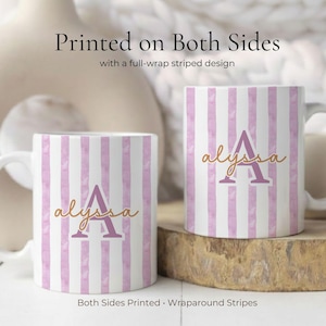 Personalized Striped Mug With Name, Custom Monogram Coffee Cup Gift For Her, Pastel Initial Mug, Bridesmaid Gift, Cute Vintage Mug image 2