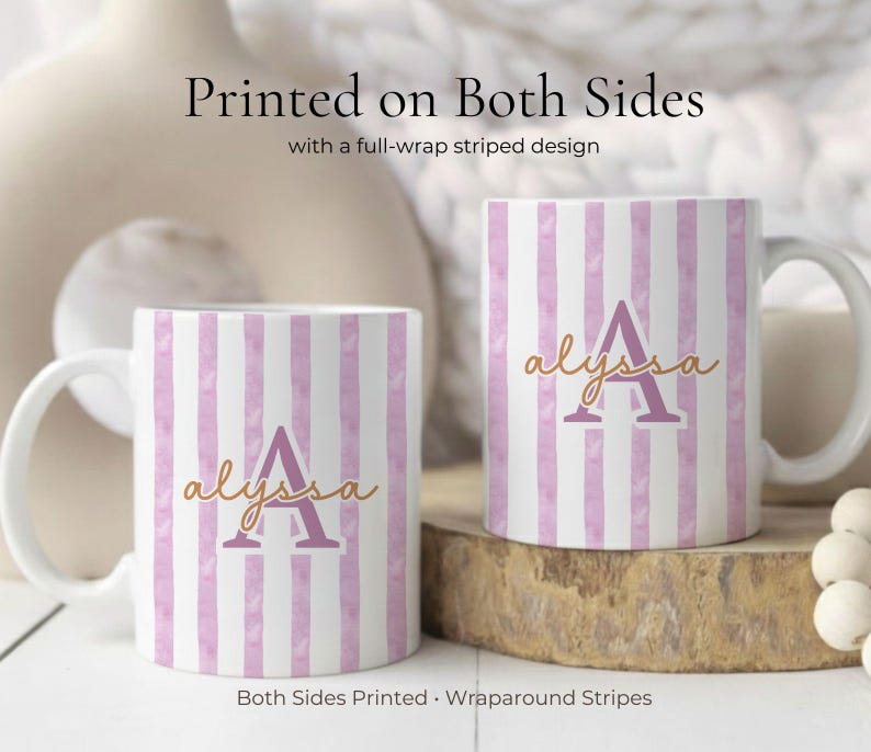Personalized Striped Mug With Name, Custom Monogram Coffee Cup Gift For Her, Pastel Initial Mug, Bridesmaid Gift, Cute Vintage Mug image 2