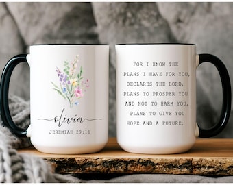 Personalized Christian Mug With Name, Christian Scripture Mug, Custom Floral Coffee Cup, Gift For Her, Faith Mug, Jeremiah 29:11 Gift
